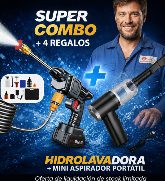 COMBO POWER CLEAN: HIDROLAVADORA + ASPIRADORA PORTÁTIL (DOBLE BATERÍA + MALETÍN)